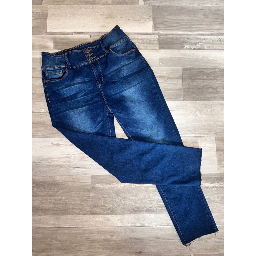 Bamboo Jeans Skinny Women Dark Wash High Rise Triple Button Raw Hem Size 15